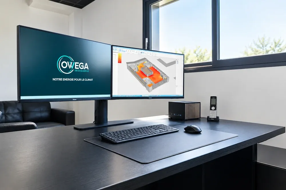 Bureau d’OWEGA avec la maquette thermique d’un bâtiment à l’écran